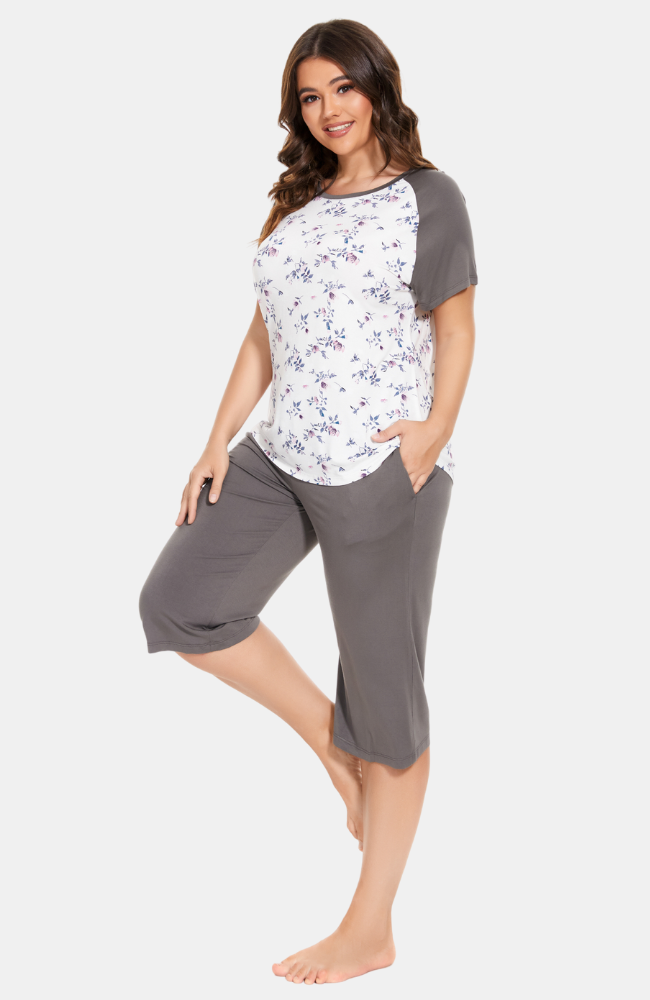 Bamboo culotte pyjamas with floral print. Pockets, S-4XL.