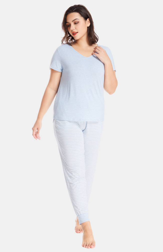 Plus Size Bamboo T-Shirt Pocket Pyjamas in Blue Marle. S-4XL.
