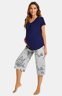 Bamboo Maternity PJ. Navy top with Capri Print Pants. XS-4XL.