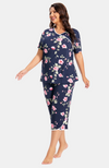 Pretty Bamboo Capri PJs. Navy with Floral Print and White Trim. XS-4XL,