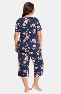 Bamboo Capri PJs. Navy with Floral Print and White Trim. XS-4XL, Back.