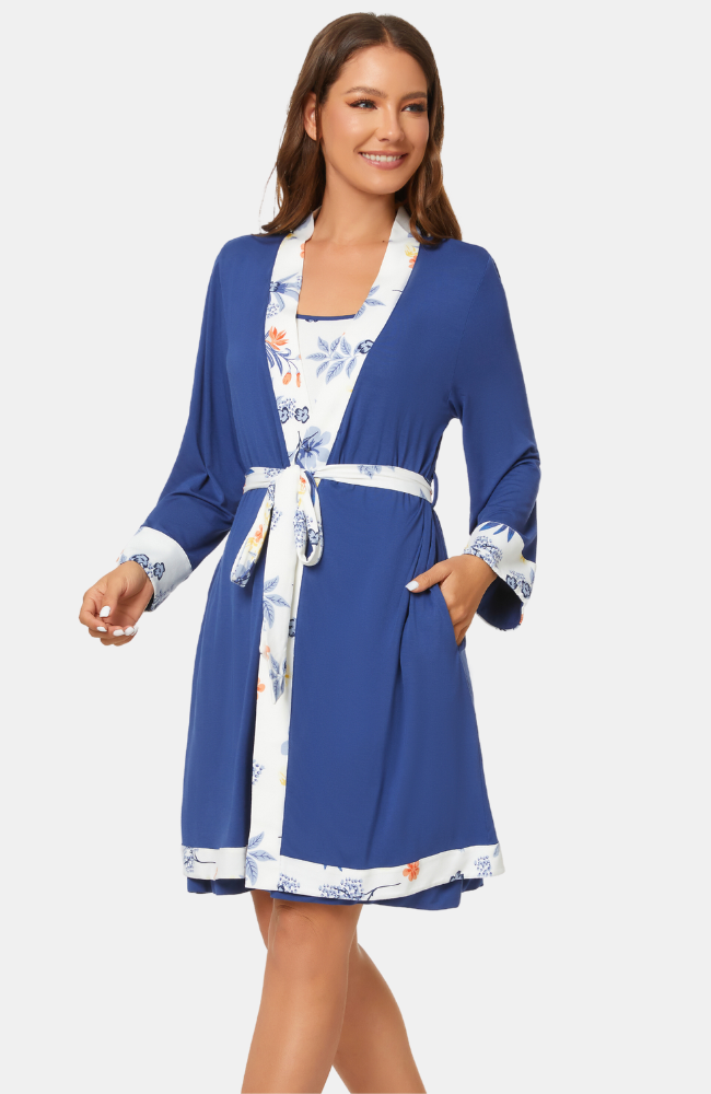 Bamboo Summer Robe: Blue with Floral Trim. S-4XL.