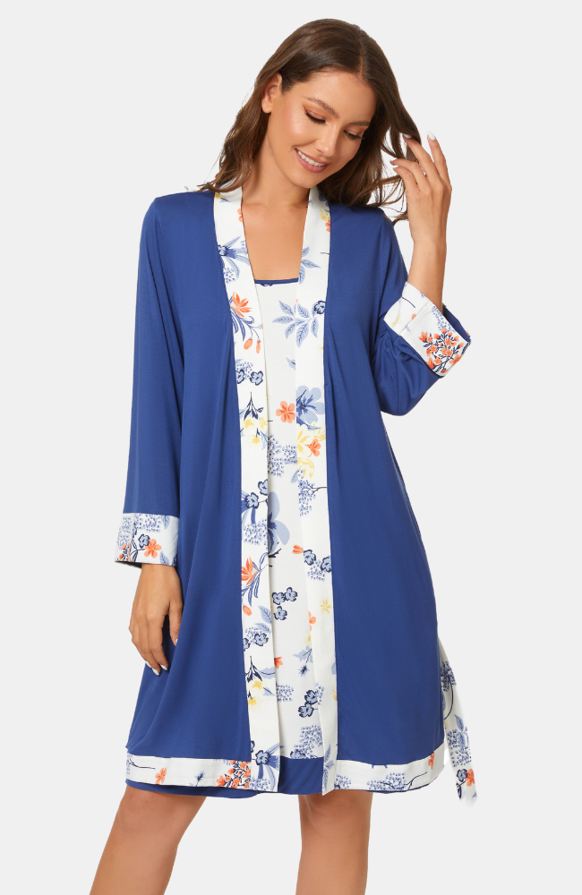 Bamboo Summer Kimono: Blue with Floral Trim. Detached belt. S-4XL.