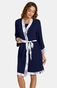 Bamboo Kimono Robe. Navy with Grey Trim. Pockets. XS-4XL.