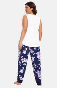 Curve vamboo pyjama pants. Navy with Floral Print. S-4XL. Back.