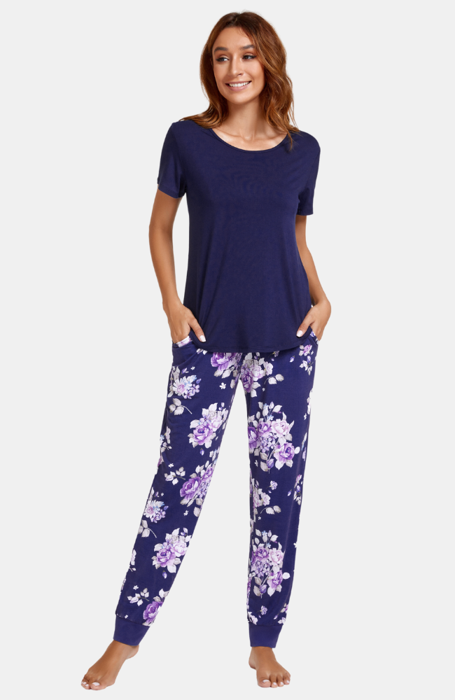 Super soft bamboo pyjama pants. Navy with Floral Print. S-4XL.