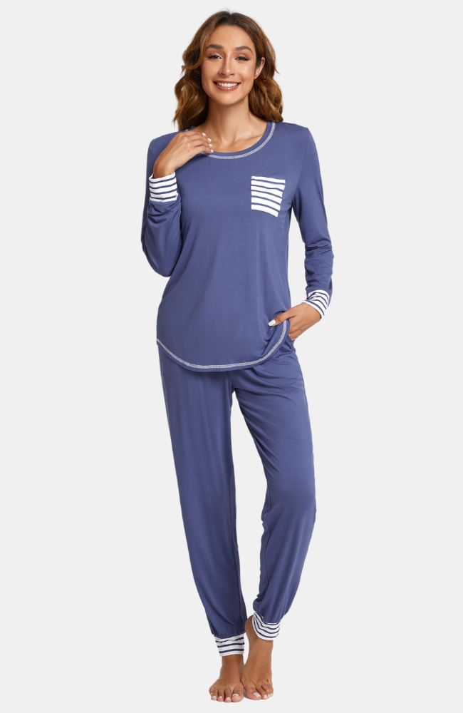 Women's long sleeve bamboo pyjamas. Indigo blue with striped cuffs. XS-4XL.