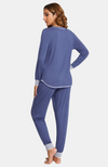 Women's long sleeve bamboo pyjamas. Indigo blue with striped cuffs. XS-4XL. Back.