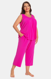 Ladies soft and comfy sleeveless bamboo capri pyjamas. Hot pink/fuchsia XS-4XL.