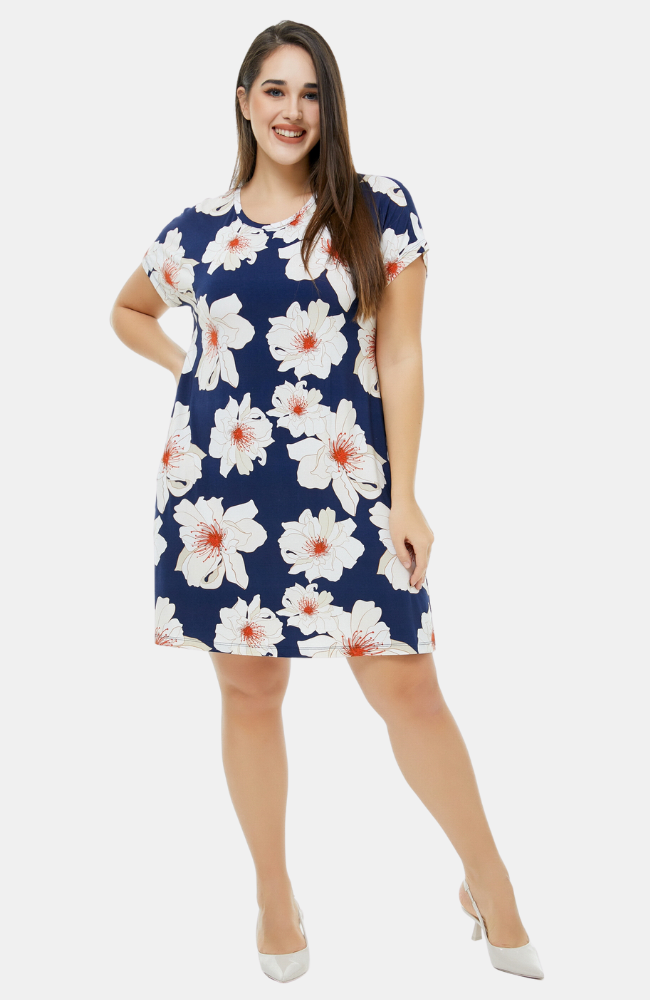 Bamboo Pocket Dress - Navy with Floral Print. Plus size S-4XL.