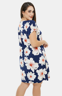 Bamboo Pocket Dress - Navy with Floral Print. Curve S-4XL.