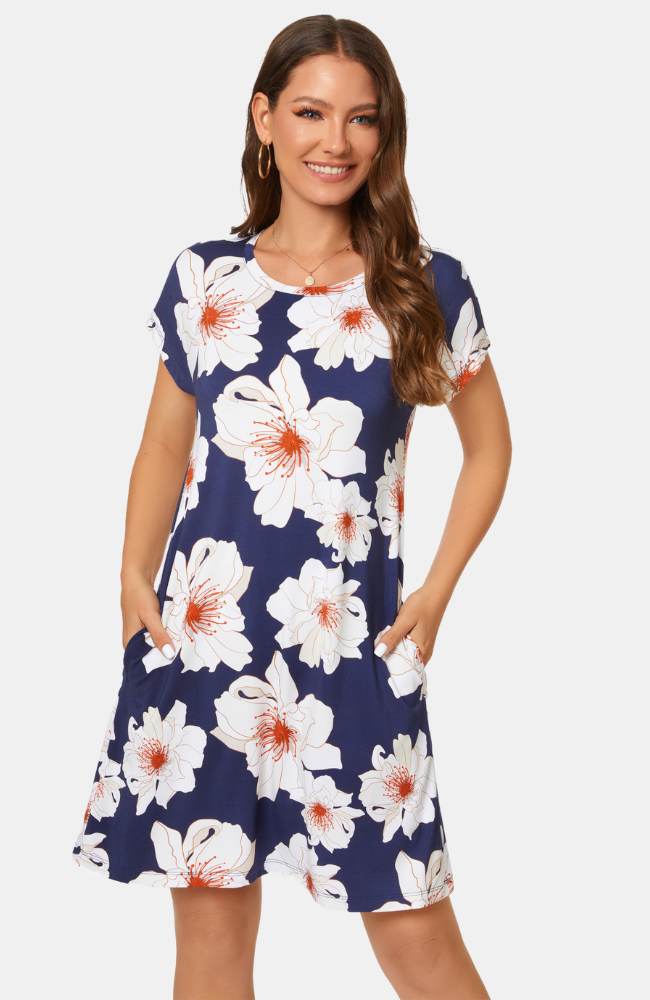 Bamboo Pocket Dress - Navy with White Floral Print S-4XL.