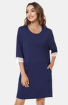 Mid Sleeve Bamboo Nightie with Lace Trim - Navy..