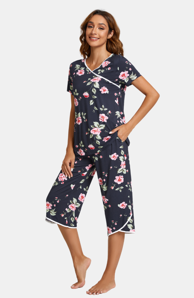 Bamboo Capri PJs. Navy with Floral Print and White Trim. XS-4XL,
