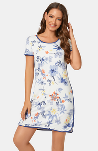 Bamboo Print Nightie. Cream with Blue Floral Pattern and Blue Trim. S-4XL.