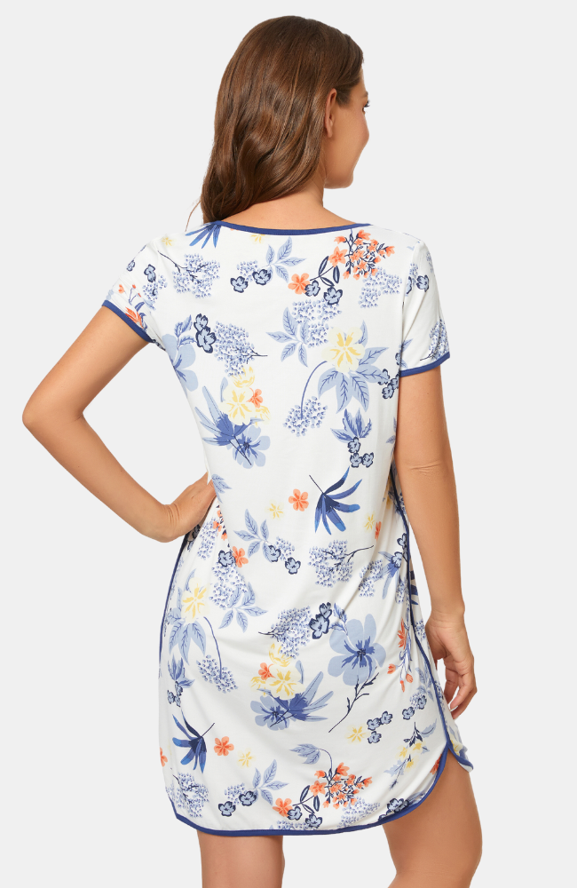 Bamboo Print Nightie. Cream with Blue Floral Pattern and Blue Trim. S-4XL. Back.