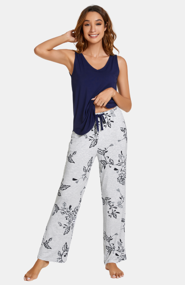 Soft grey bamboo PJ pants with a navy floral print and navy ribbon drawstring waist. XS-4XL. 
