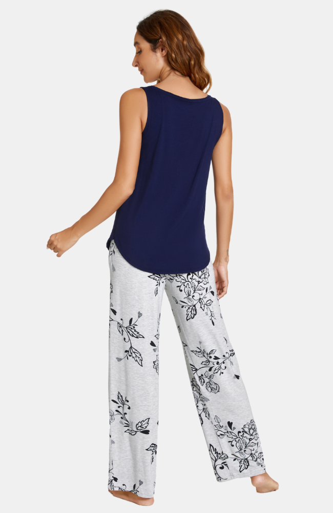 Soft grey bamboo PJ pants with a navy floral print. XS-4XL. Back.