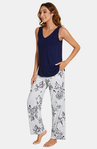 Soft grey bamboo PJ pants with a navy floral print. XS-4XL. 