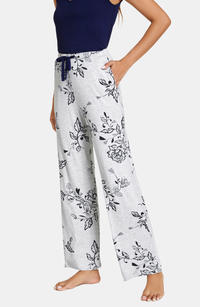 Soft bamboo PJ pants with pockets. Grey with navy floral print. XS-4XL. 
