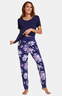 Super soft bamboo pyjama pants with pockets. Navy with Floral Print. Cuffed ankles. S-4XL.