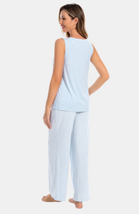 Wide Leg Bamboo Sleeveless Pyjamas with Pockets in Soft Blue Marle S-4XL. Back.