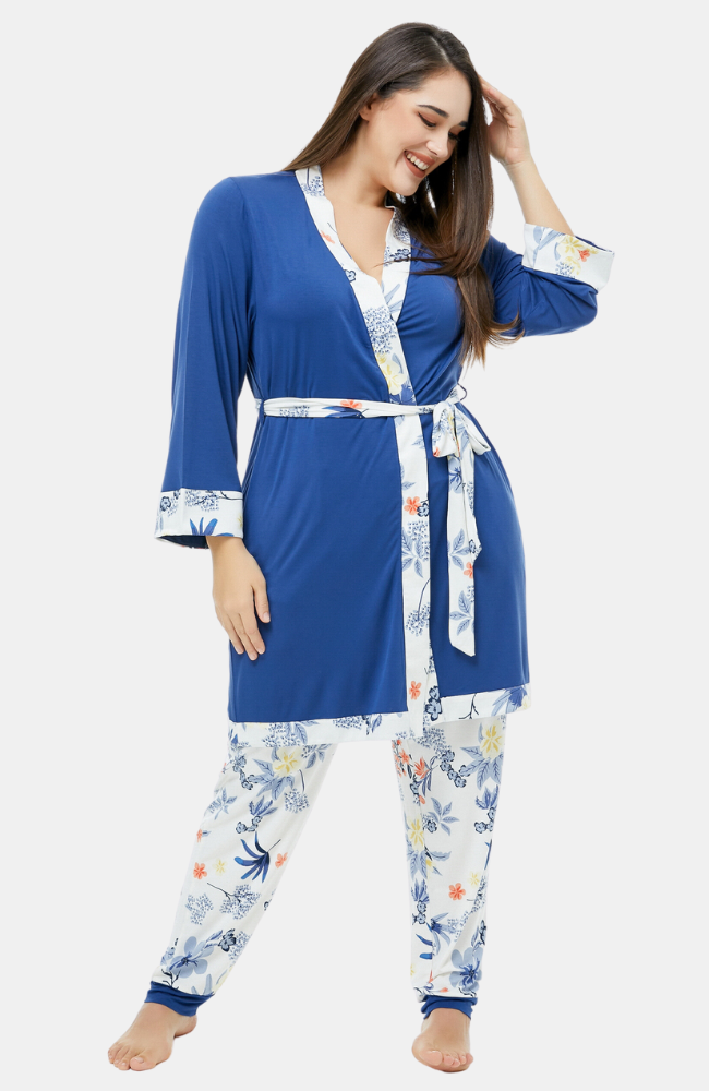 Bamboo Kimono, Blue with Cream Hibiscus Print Trim. S-4XL.