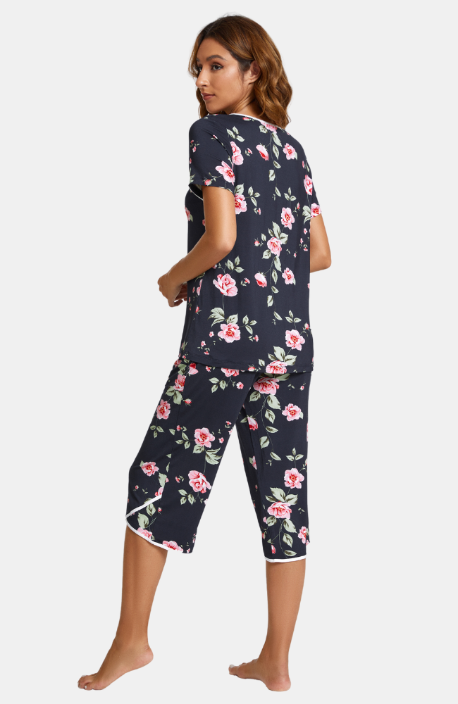 Bamboo Capri PJs. Navy with Floral Print and White Trim. XS-4XL, back.
