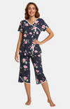 Soft and Pretty Bamboo Capri PJs. Navy with Floral Print and White Trim. XS-4XL,