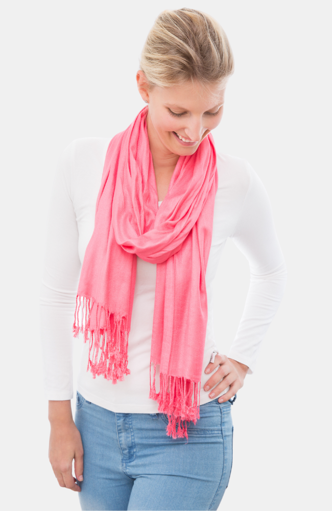 100% bamboo scarf, strawberry pink. Soft wuth tassles.