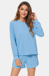 Ladies Soft Bamboo Winter PJs: Shorts with Long Top Pale Blue. S-4XL.
