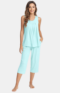Ladies soft and comfy sleeveless bamboo capri pyjamas. Aqua Green XS-4XL.