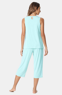 Ladies soft and comfy sleeveless bamboo capri pyjamas. Aqua Green XS-4XL. Back.
