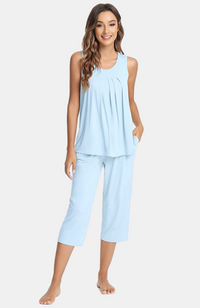 Ladies soft and comfy sleeveless bamboo capri pyjamas. Pale Blue XS-4XL.