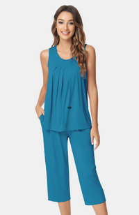 Ladies soft and comfy sleeveless bamboo capri pyjamas. Turquoise XS-4XL.