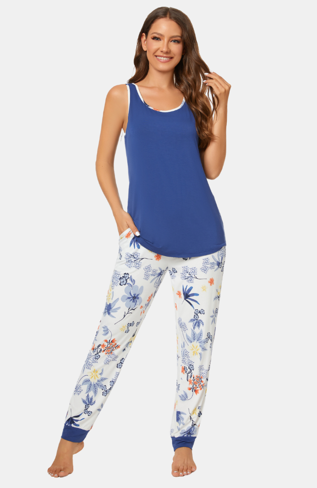 Bamboo jogger-style PJs. Long pants, sleeveless top. Blue + Floral print. S-4XL.