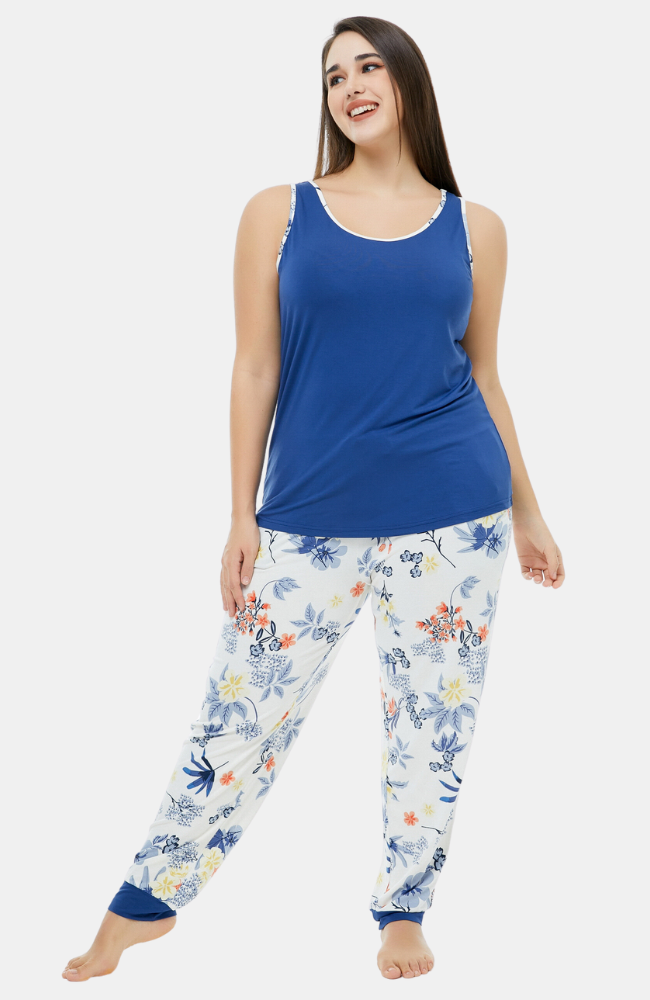 Bamboo plus size sleeveless jogger-style PJs. Blue Floral. S-4XL.