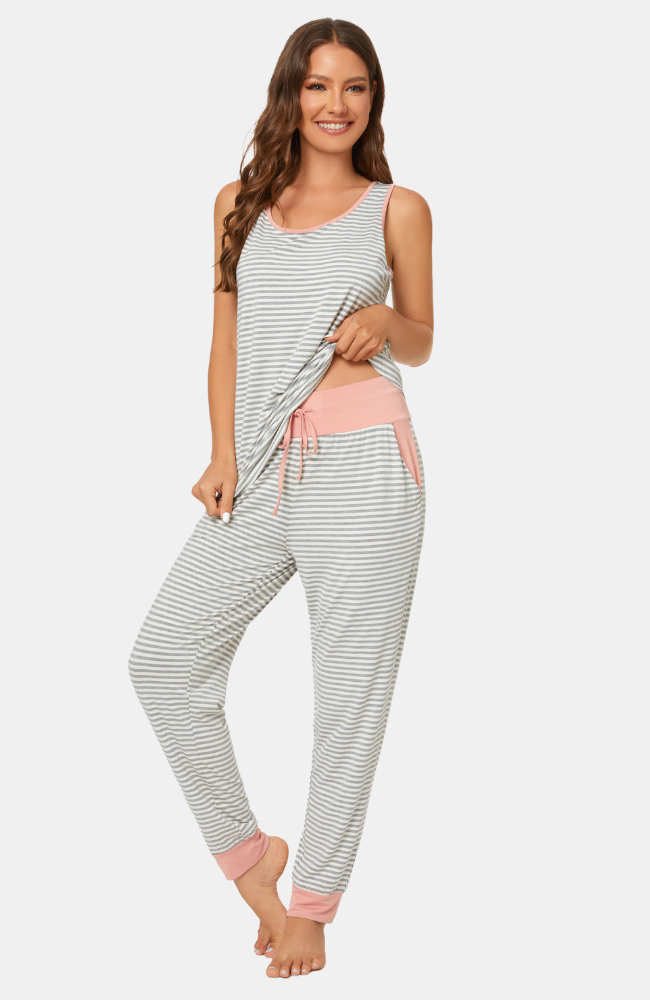Bamboo sleeveless jogger-style PJs. Soft grey stripe with pale peach pink trim. S-4XL.