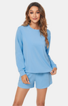 Ladies Pale Blue Bamboo Winter PJs: Shorts with Long Top.