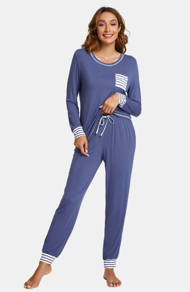 Women's long sleeve bamboo pyjamas with drawstring. Indigo blue with striped cuffs. XS-4XL.