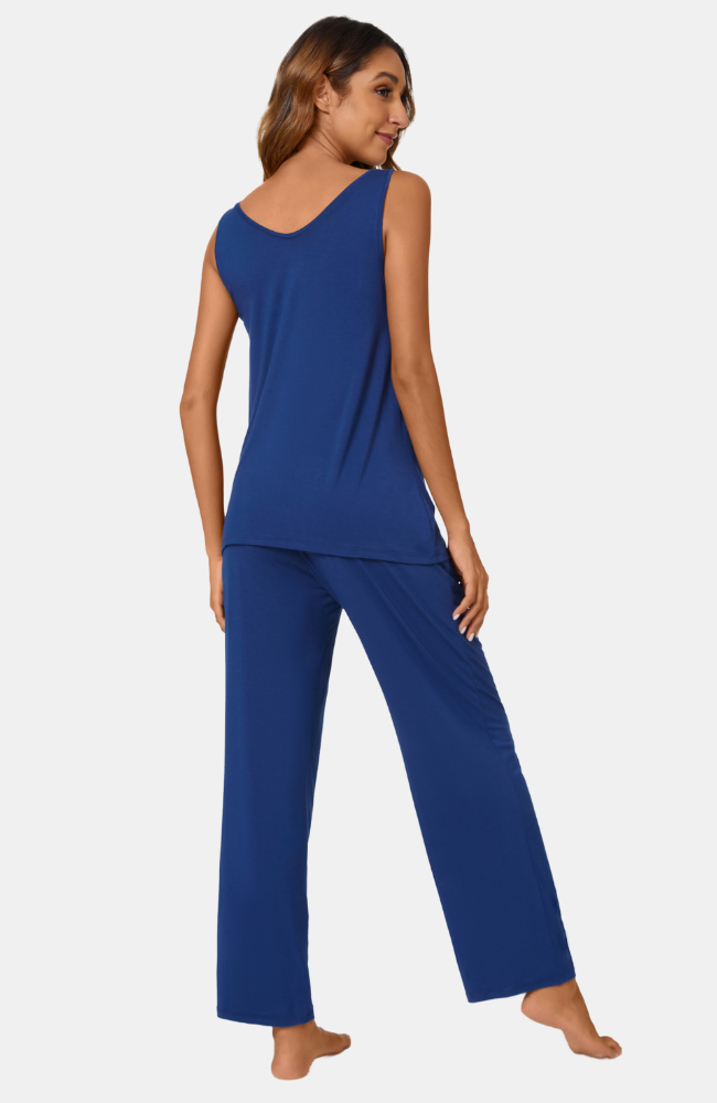 Sleeveless Bamboo PJs with long comfy pants. Dark blue S-4XL (back)