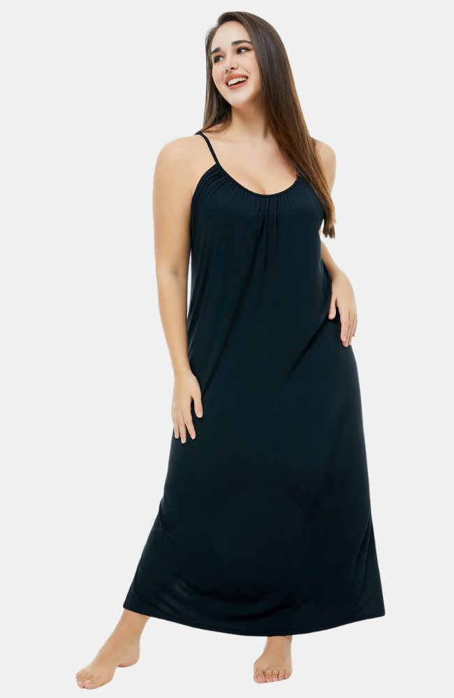 Long bamboo summer nightie in Black. Adjustable straps. Plus Sizes. S-4XL.