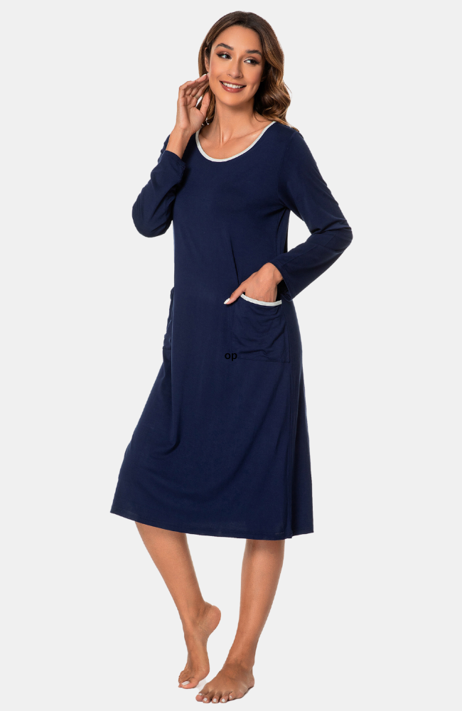 Long sleeve, mid length bamboo nightie with pockets. S-4XL.