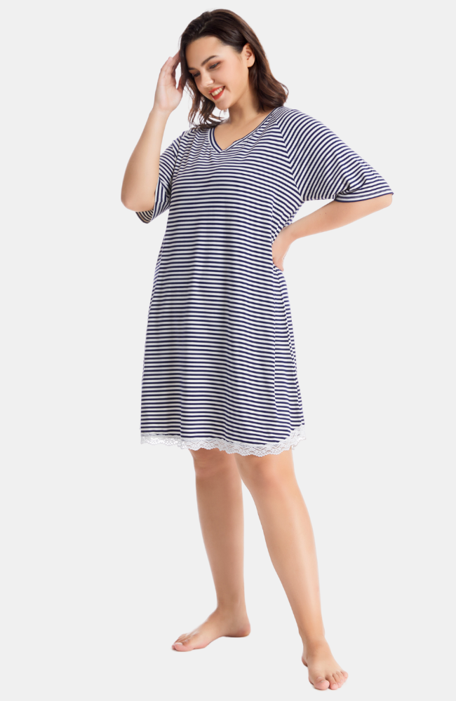 Loose Fit Bamboo Nightie with V Neck. Blue & White Stripes. S-4XL. Curve Sizes.
