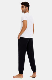 Men's Black Bamboo Jogger Pants paired with a White Bamboo Tee. S-4XL. Back.