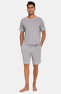 Men's Bamboo T-Shirt & Short Pyjamas. Grey Marle with White Piping. S-4XL.