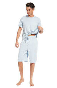 Men's Bamboo T-Shirt & Short Pyjamas. Ice Blue. Drawstring waist. 