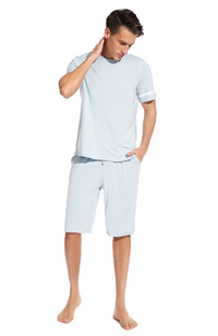 Men's Bamboo T-Shirt & Short Pyjamas. Ice Blue Size Small to XXXXL.