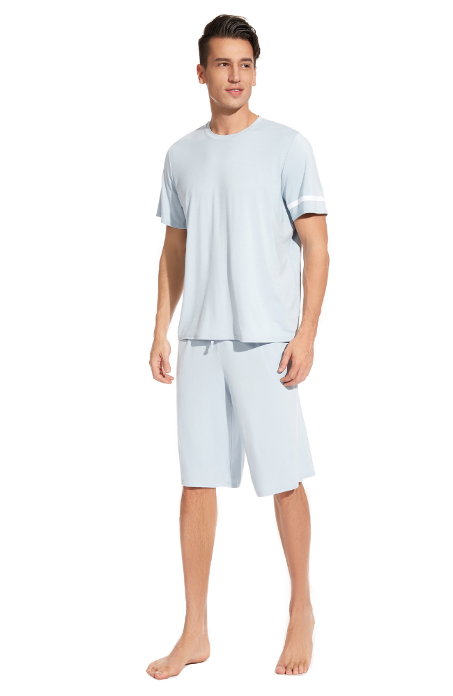 Men's Bamboo T-Shirt & Short Pyjamas. Ice Blue. Soft & Comfy.