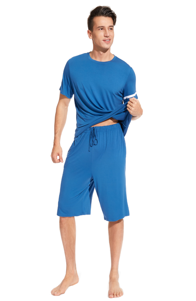 Men's Bamboo T-Shirt & Short Pyjamas. Steel Blue. Drawstring waist. 
